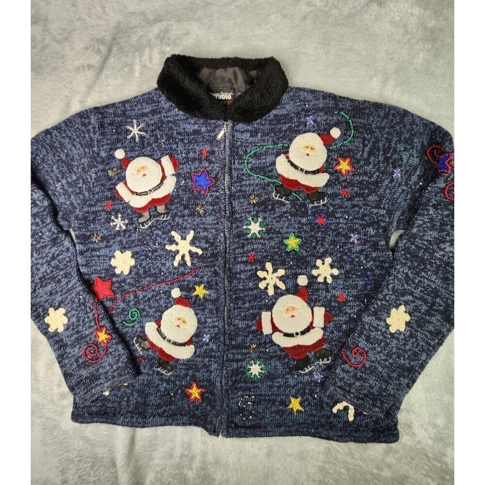 Designers Originals Christmas Sweater Womens M Blue Zip Fur Collar Santa Teacher